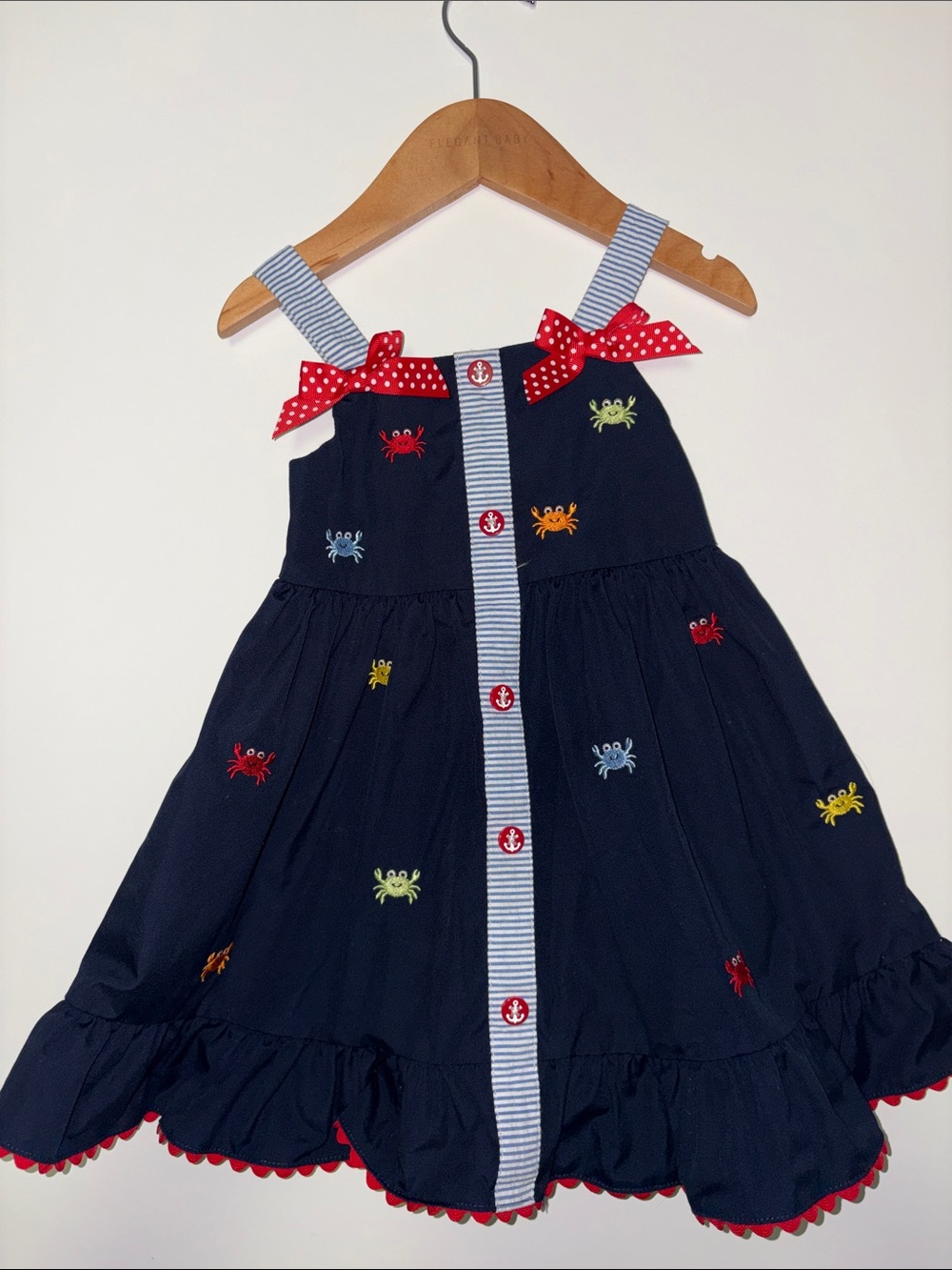 Girls Navy Crab Embroidered Sundress with Red Bow